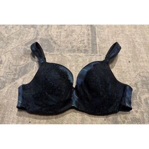 Cacique Smooth Balconette Bra Womens 38D Black Lace Overlay Blue Plaid Underwire